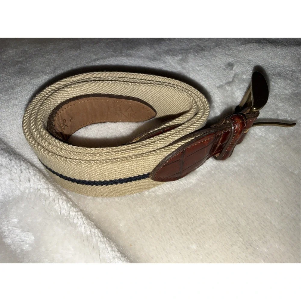 Jos A Bank Belt Mens 38 Beige W/ Black Stripe Leather Canvas Casual Belt